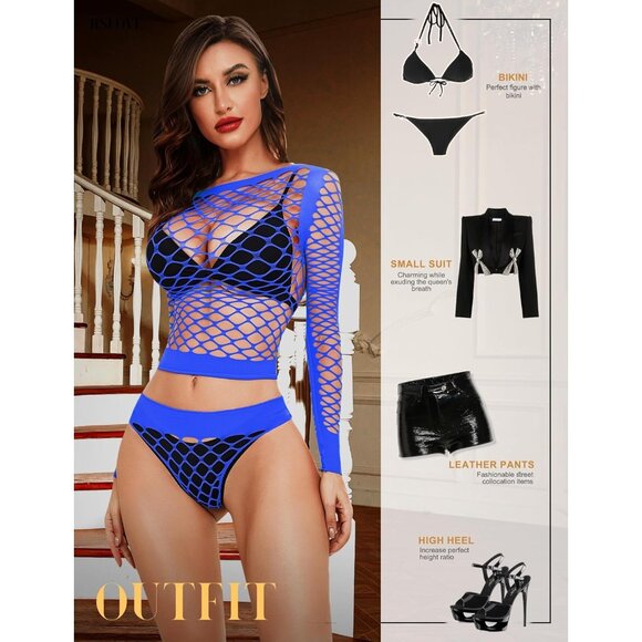 🆕Women Blue Mesh Fishnet Lingerie Bodysuit Sexy Long Sleeve See-Through - Picture 4 of 5